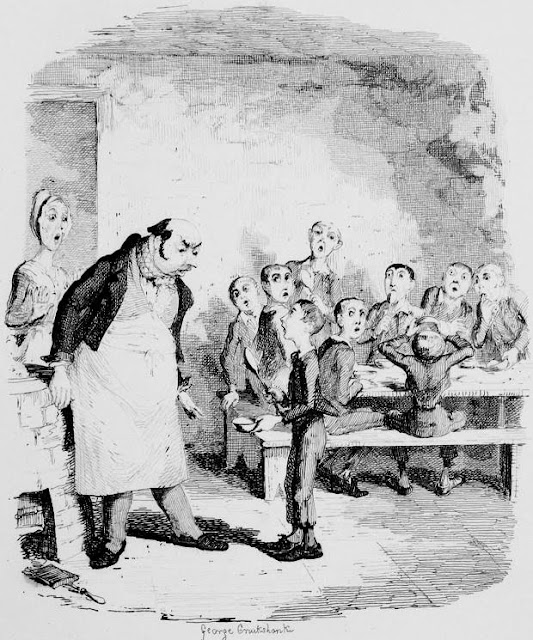 Ilustraciones y dibujos en las obras de Dickens - George Cruikshank. Please, Sir, I want some more.... Oliver Twist se dirige al director del orfanato y le pide más comida. En Oliver Twist